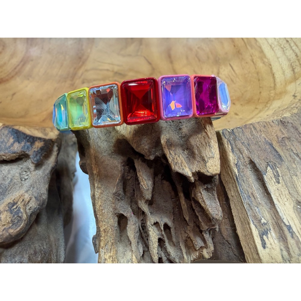 Rainbow Stretch Bracelet Emerald Cut Multicolor Enamel Statement Jewelry NWOT - Picture 4 of 5